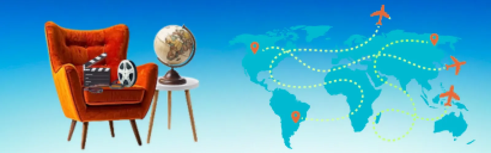 Blue-white background with world map, red chair with film and clapboard. Table near chair has a globe.