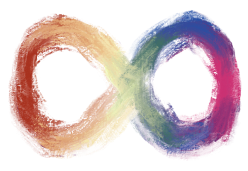 The autism infinity symbol colored in a childlike manner.  The symbol is rainbow colored, shifting colors from left to right.
