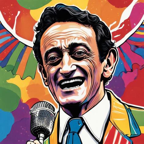 A rainbow-colored illustration of Harvey Milk smiling
