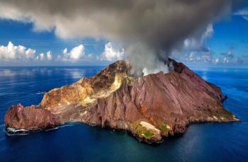eruption, smoke, volcano, sea, ocean, coast, landscape, sky, island